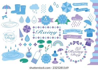 A set of clipart decorations with a rainy season theme