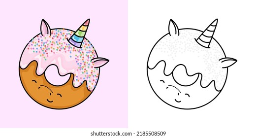 Set Clipart Donut Coloring Page and Colored Illustration. Clip Art Kawaii Donut. Vector Illustration of a Kawaii Food for Coloring Pages, Prints for Clothes, Stickers, Baby Shower.
