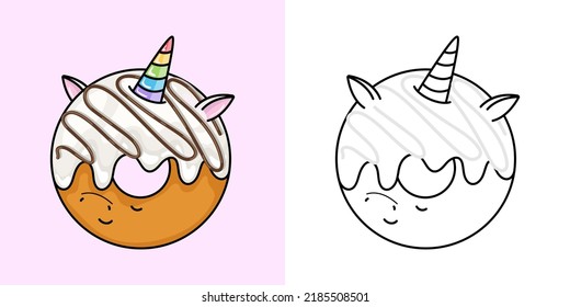 Establezca Clipart Donut Multicolored y Black and White. Kawaii Clip Art Donut. Ilustración vectorial de una comida Kawaii para imprentas de ropa, pegatinas, ducha para bebés, páginas de color.
