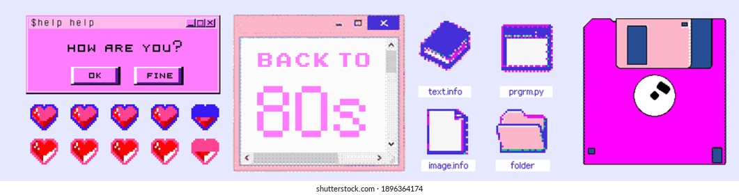 Set Of Clipart Elements With Retro Obsolete Things: Floppy Disk, User Interface Icons, Etc. Trendy Modern Fashion Patch Or Sticker Set In Pixel Art Style Like In Old Arcade Video Games Of The 80s.