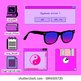 Set of clipart elements with retro obsolete things: floppy disk, user interface icons, ect. Trendy modern fashion patch set in pixel art style like in old arcade video games of the 80s.