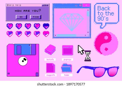 Conjunto de elementos clipart con cosas retro obsoletas: disquete, iconos de la interfaz de usuario, etc. Parche moderno de moda de moda de moda en forma de píxel al estilo de los videojuegos de arcade de los años 80.