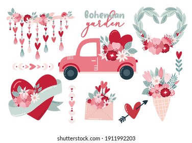 Set clipart elements Valentine's day in boho style. Bohemian romantic pattern happy Valentine day. Boho rainbow, heart and flowers. Vector