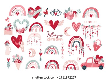 Set Clipart Elements Valentine's Day In Boho Style. Bohemian Romantic Pattern Happy Valentine Day. Boho Rainbow, Heart And Flowers. Vector