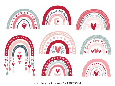 Set Clipart Elements Valentine's Day In Boho Style. Bohemian Romantic Pattern Happy Valentine Day. Boho Rainbow, Heart And Flowers. Vector