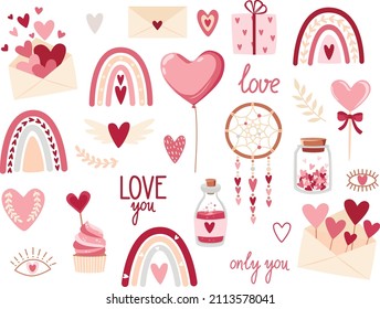 Set of clipart elements Valentine's day in boho style. Vector illustration