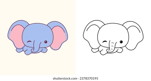 Set Clipart Elephant Coloring Page and Colored Illustration. Kawaii Isolated Baby Animal. Cute Vector Illustration of a Kawaii African Animal for Stickers, Prints for Clothes, Baby Shower. 