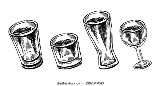 Set clipart empty glasses for whiskey, beer, wine and juice. line art ink drawing on white background
