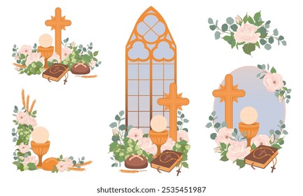 Conjunto de clipart para a primeira comunhão. Composições vetoriais com atributos de igreja. Xícara de ouro Graal, pão de igreja, vinho, Bíblia, rosário, crucifixo, flores, altar. Símbolos da fé cristã.