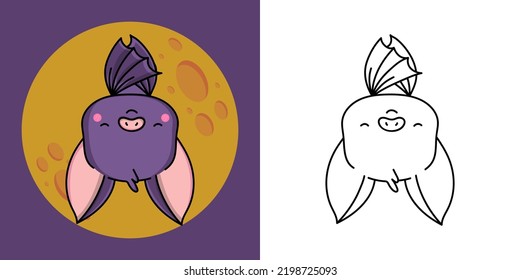 Set Clipart Flittermouse Coloring Page and Colored Illustration. Clip Art Kawaii Bat. Vector Illustration of a Kawaii Animal for Coloring Pages, Prints for Clothes, Stickers, Baby Shower.
