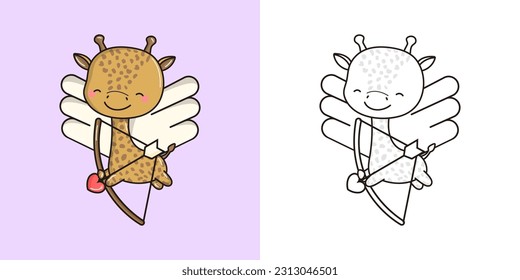 Set Clipart Giraffe Multicolored and Black and White. Kawaii Clip Art Mammal. Vector Illustration of a Kawaii Animal for Prints for Clothes, Stickers, Baby Shower, Coloring Pages.
