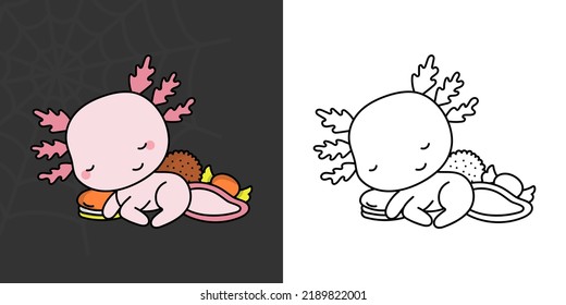 Set Clipart Halloween Axolotl Coloring Page and Colored Illustration. Clip Art Kawaii Halloween Animal. Cute Vector Illustration of a Kawaii Halloween Animals with Sweets.
