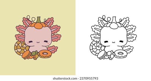 Set Clipart Halloween Axolotl Coloring Page and Colored Illustration. Kawaii Halloween Salamander. Cute Vector Illustration of a Kawaii Halloween Amphibian Animal with Sweets. 