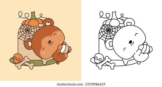 Set Clipart Halloween Bear Coloring Page and Colored Illustration. Kawaii Halloween Forest Animal. Cute Vector Illustration of a Kawaii Halloween Animal with Sweets. 