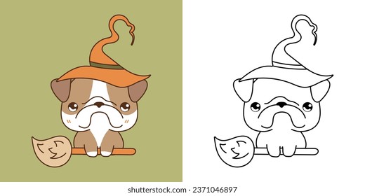 Set Clipart Halloween Bulldog Dog Coloring Page and Colored Illustration. Kawaii Halloween Dog. Cute Vector Illustration of Halloween Kawaii Animal in Witch Costume. 