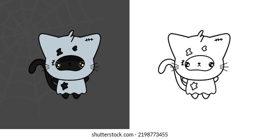 Set Clipart Halloween Cat Coloring Page and Colored Illustration. Cartoon Kawaii Halloween Bombay Cat. Cute Vector Illustration of a Kawaii Halloween Animal in a Ghost Costume.
