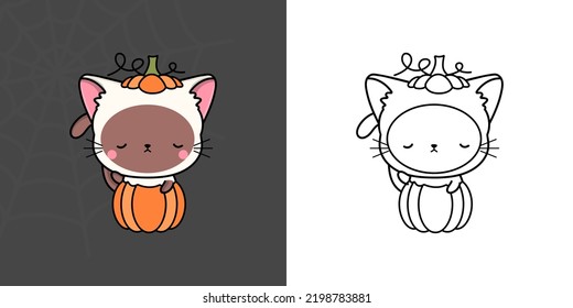 Set Clipart Halloween Cat Coloring Page and Illustration. Kawaii Halloween Siamese Cat. Cute Vector Illustration of a Kawaii Halloween Animal Inside a Pumpkin.
