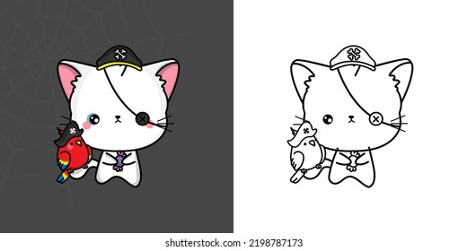 Set Clipart Halloween Cat Coloring Page and Illustration. Kawaii Halloween Turkish Angora Cat. Cute Vector Illustration of a Kawaii Halloween Animal in a Pirate Costume.
