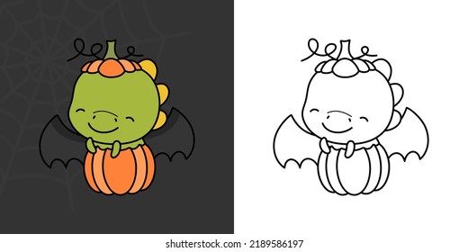 Set Clipart Halloween Dinosaur Coloring Page and Colored Illustration. Clip Art Kawaii Halloween T Rex. Cute Vector Illustration of a Kawaii Halloween Dino Inside a Pumpkin.
