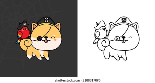 Set Clipart Halloween Dog Coloring Page and Colored Illustration. Clip Art Kawaii Halloween Shiba Inu. Vector Illustration of a Kawaii Halloween Dog Pirate.
