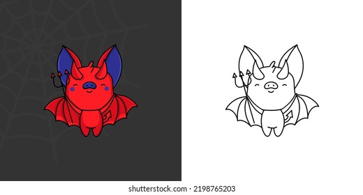 Set Clipart Halloween Flittermouse Coloring Page and Colored Illustration. Clip Art Kawaii Halloween Bat. Cute Vector Illustration of a Kawaii Halloween Animal in Devil Costume.
