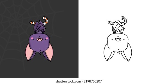 Set Clipart Halloween Flittermouse Multicolored and Black and White. Kawaii Clip Art Halloween Bat. Cute Vector Illustration of a Kawaii Halloween Animal with Sweets.
