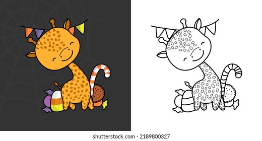 Set Clipart Halloween Giraffe Coloring Page And Colored Illustration. Clip Art Kawaii Halloween Character. Cute Vector Illustration Of A Kawaii Halloween Animal With Sweets.
