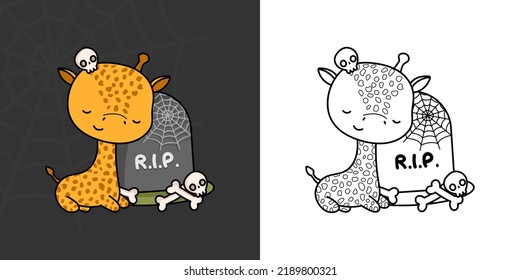 Set Clipart Halloween Giraffe Multicolored And Black And White. Kawaii Clip Art Halloween Character. Cute Vector Illustration Of A Kawaii Animal For Halloween Stickers.
