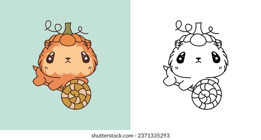 Set Clipart Halloween Guinea Pig Coloring Page and Colored Illustration. Kawaii Halloween Rodent. Cute Vector Illustration of a Kawaii Animal for Halloween Stickers. 