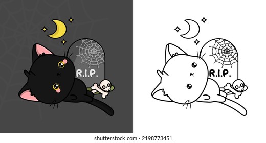 Set Clipart Halloween Kitty Multicolored and Black and White. Kawaii Clip Art Halloween Bombay Cat. Cute Vector Illustration of a Kawaii Halloween Animal.

