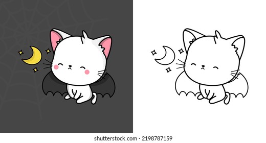 Set Clipart Halloween Kitty Multicolored and Black and White. Kawaii Halloween Turkish Angora Cat. Cute Vector Illustration of a Kawaii Halloween Animal in a Vampire Costume.
