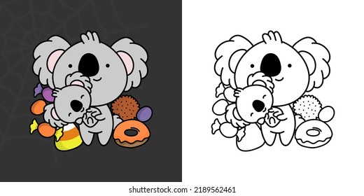 Set Clipart Halloween Koala Coloring Page and Colored Illustration. Clip Art Kawaii Halloween Koala Bear. Cute Vector Illustration of a Kawaii Halloween Animal with Sweets.
