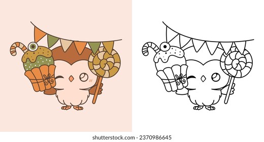 Set Clipart Halloween Owl Coloring Page and Colored Illustration. Kawaii Halloween Forest Bird. Cute Vector Illustration of a Kawaii Halloween Animal with Sweets. 