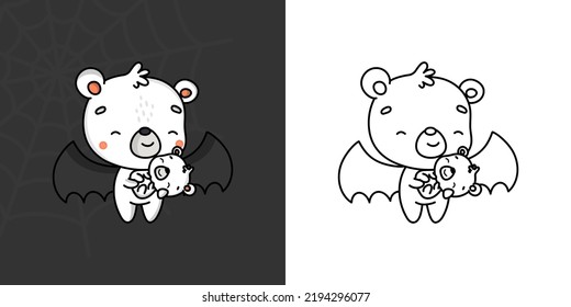 Set Clipart Halloween Polar Bear Multicolored and Black and White. Kawaii Halloween Animal. Cute Vector Illustration of a Kawaii Halloween Bear in a Vampire Costume.
