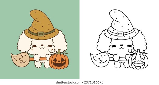 Set Clipart Halloween Poodle Dog Coloring Page and Colored Illustration. Kawaii Halloween Dog. Cute Vector Illustration of Halloween Kawaii Animal in Witch Costume. 