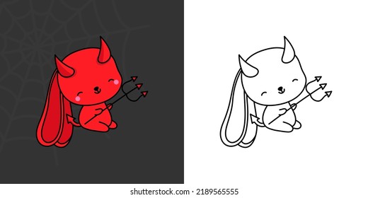 Set Clipart Halloween Rabbit Coloring Page and Colored Illustration. Clip Art Kawaii Halloween Bunny. Cute Vector Illustration of a Kawaii Halloween Hare in Devil Costume.
