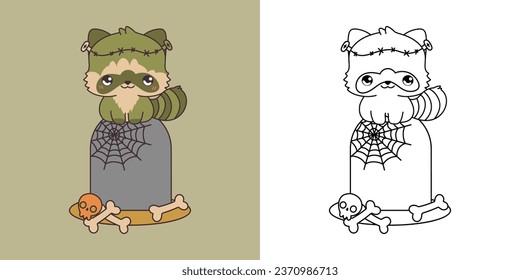 Set Clipart Halloween Raccoon Coloring Page and Colored Illustration. Kawaii Halloween Forest Animal. Cute Vector Illustration of a Kawaii Halloween Animal in a Zombie Costume. 