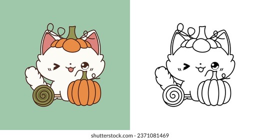 Set Clipart Halloween Ragdoll Cat Coloring Page and Colored Illustration. Kawaii Halloween Kitten. Cute Vector Illustration of a Kawaii Animal for Halloween Stickers. 