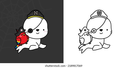 Set Clipart Halloween Seal Multicolored and Black and White. Kawaii Clip Art Halloween Animal. Cute Vector Illustration of a Kawaii Halloween Sea Calf in a Pirate Costume.
