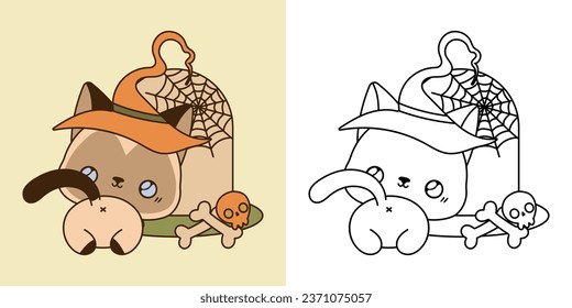 Set Clipart Halloween Siamese Cat Coloring Page and Colored Illustration. Kawaii Halloween Kitty. Cute Vector Illustration of a Kawaii Animal for Halloween Stickers. 