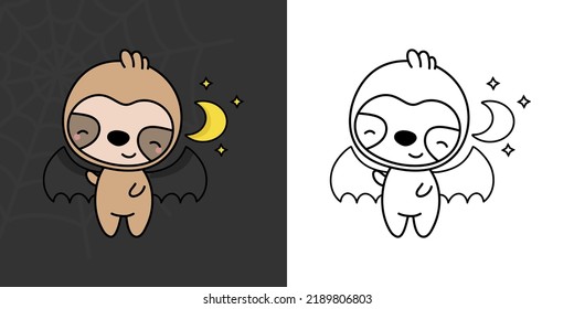 Set Clipart Halloween Sloth Coloring Page and Colored Illustration. Clip Art Kawaii Halloween Animal. Cute Vector Illustration of a Kawaii Halloween Animals in a Vampire Costume.
