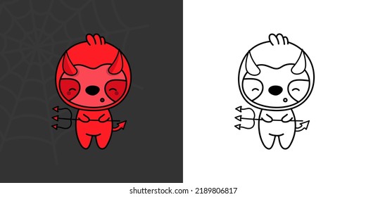 Set Clipart Halloween Sloth Multicolored and Black and White. Kawaii Clip Art Halloween Animal. Cute Vector Illustration of a Kawaii Halloween Animals in Devil Costume.
