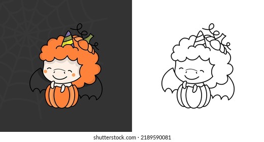 Set Clipart Halloween Unicorn Coloring Page and Illustration. Clip Art Kawaii Halloween Animal. Cute Vector Illustration of a Kawaii Halloween Unicorn Inside a Pumpkin.
