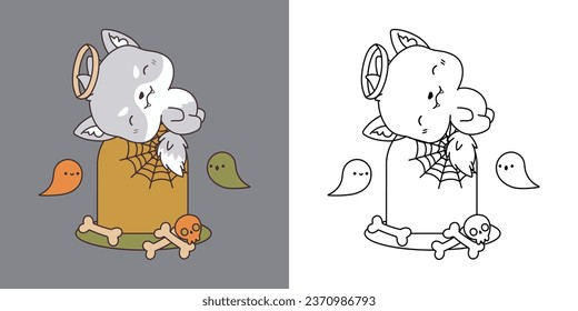 Set Clipart Halloween Wolf Coloring Page and Colored Illustration. Kawaii Halloween Forest Animal. Cute Vector Illustration of a Kawaii Animal for Halloween Stickers. 