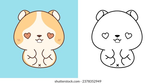 Set Clipart Hamster Coloring Page and Colored Illustration. Kawaii Isolated Pet. Cute Vector Illustration of a Kawaii Baby Animal for Stickers, Prints for Clothes, Baby Shower. 