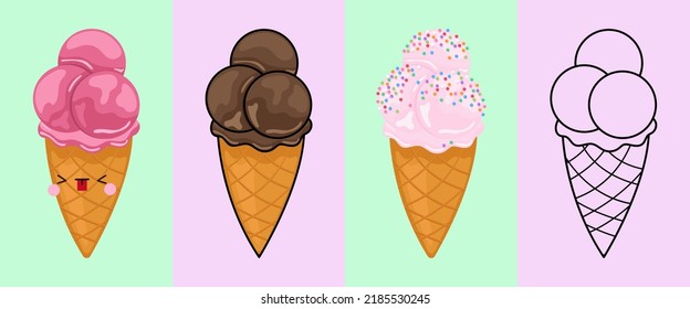 Set Clipart Ice Cream Multicolored and Black and White. Kawaii Clip Art Ice Cream. Vector Illustration of a Kawaii Sweets for Prints for Clothes, Stickers, Baby Shower, Coloring Pages.
