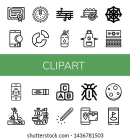 Set of clipart icons such as Patent, Smartphone, Pencil, Pie chart, Musical notes, Spray, Cart, Apron, Spider web, Gum, Dolphin, Chewing gum, Pirate ship, Abc block , clipart