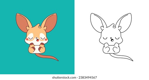 Establezca la página de color canguro de Clipart y la ilustración de color. Kawaii Aisló Al Animal Marsupial. Ilustración vectorial de un animal bebé Kawaii para pegatinas, impresiones para ropa, ducha para bebés. 