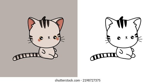 Set Clipart Kitten Coloring Page and Colored Illustration. Clip Art Kawaii American Shorthair Cat. Vector Illustration of a Kawaii Animal for Coloring Pages, Prints for Clothes, Stickers, Baby Shower.