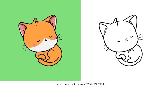 Set Clipart Kitten Coloring Page and Colored Illustration. Clip Art Kawaii Red Cat. Vector Illustration of a Kawaii Animal for Coloring Pages, Prints for Clothes, Stickers, Baby Shower.
